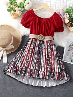 Hopscotch - Girls Red Floral Print Puff-Sleeve Fit and Flare Tiered Casual Dress