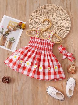 Hopscotch - Girls Red Checkered Sleeveless Casual Dress with Headband