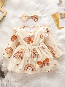 Hopscotch - Girls Beige All-Over Print Full-Sleeve Casual Dress with Headband