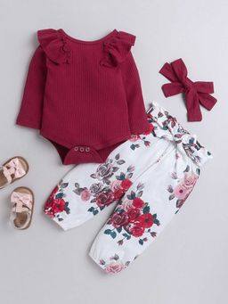 Hopscotch - Girls Red Floral Print Onesie and Pant Set with Headband