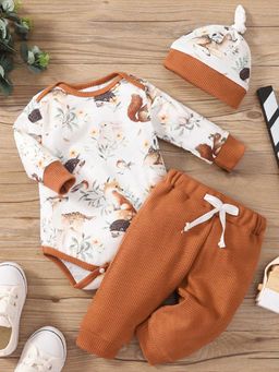 Hopscotch - Boys Brown Animal Print Onesie and Joggers Set with Cap