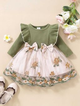 Hopscotch - Girls Green Bow Applique Full-Sleeve Casual Dress
