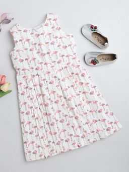 Hopscotch - Girls White and Pink Sleeveless Flamingo Print Casual Dress