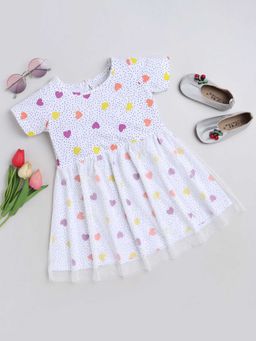 Hopscotch - Girls White Heart Print Casual Dress