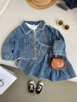 Hopscotch - Girls Blue Solid Jacket and Skirt Set