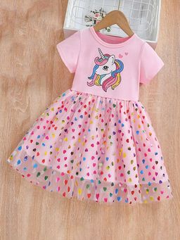 Hopscotch - Girls Pink Unicorn and Heart Print Fit Flare Casual Dress
