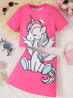 Hopscotch - Girls Pink Unicorn Print T-Shirt and Skirt Set