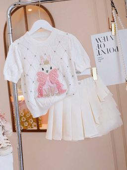 Hopscotch - Girls Off-White Patch Work Applique Blouse and Skirt Set