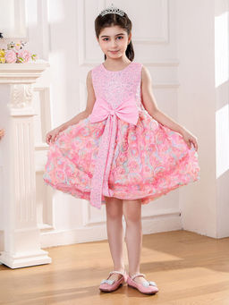 Hopscotch - Girls Pink Sequin Embellished Bow Applique Sleeveless Party Dress