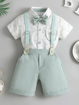 Hopscotch - Boys White and Aqua All-Over Print Shirt Shorts Formal Set with Bow Suspender
