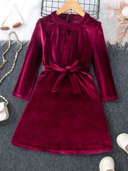 Hopscotch - Girls Burgundy Cut-Out Detailed A-Line Dress with Belt