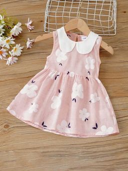 Hopscotch - Girls Pink Peter Pan Collar Fit and Flare Plain Casual Dress