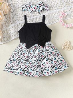 Hopscotch - Girls Black and White Heart Print Strappy Casual Dress