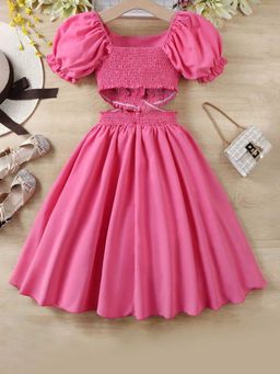Hopscotch - Girls Pink Cut-Out Detailed Puff Sleeve Casual Dress