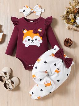 Hopscotch - Girls Burgundy and White Cat Print Onesie Pant Set with Headband