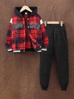 Hopscotch - Boys Red and Black Text Print Hooded Jacket Jogger Set