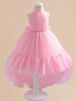 Hopscotch - Girls Pink Halter Neck Sleeveless High-Low Hem Party Dress with Oversized Bow