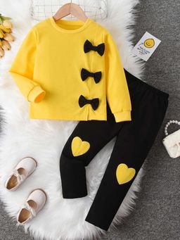 Hopscotch - Girls Yellow and Black Bow Applique Sweatshirt Leggings Set