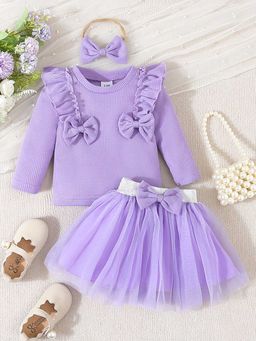 Hopscotch - Girls Purple Bow Applique Ruffle Embellished Blouse and Skirt Set with Headband