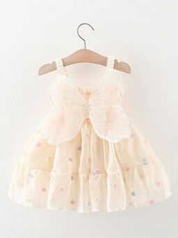 Hopscotch - Girls Beige Floral Applique Strappy Party Dress