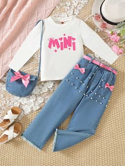 Hopscotch - Girls White and Blue Text Print T-Shirt Jeans Set with Belt