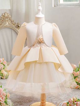 Hopscotch - Girls Apricot Floral Applique Full-Sleeve Party Dress with Jacket