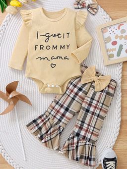 Hopscotch - Girls Khaki and Brown Checkered Onesie Pant Set with Headband