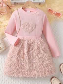 Hopscotch - Girls Pink and Beige Heart Applique Blouse Skirt Set with Fringes