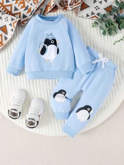 Hopscotch - Boys Blue Penguin Print Sweatshirt and Jogger Set with Applique Detail