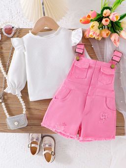 Hopscotch - Girls White and Pink Textured Ruffled Blouse Distressed Dungaree Overall Set