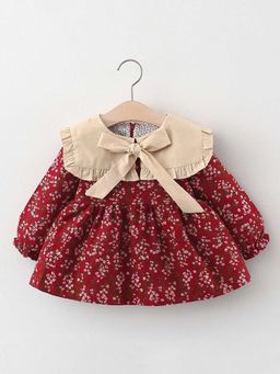 Hopscotch - Girls Red and Beige Floral Casual Dress with Bow Applique