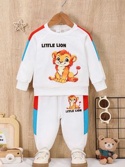 Hopscotch - Boys White Lion Print Raglan Sleeve Sweatshirt and Jogger Set
