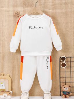 Hopscotch - Boys White Text Print Raglan Sweatshirt and Jogger Set
