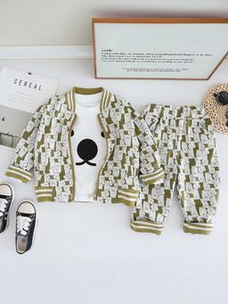 Hopscotch - Boys Olive and White Cat Print Jacket, T-Shirt Jogger Set