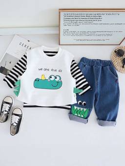 Hopscotch - Boys White and Blue Dinosaur Print Waistcoat, T-Shirt Jeans Set with Applique Detail