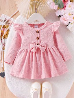 Hopscotch - Girls Pink Floral Textured Full-Sleeve Casual Dress with Bow Applique