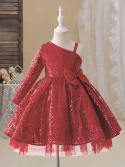 Hopscotch - Girls Burgundy Sequin Embellished One Shoulder Party Dress with Bow Applique
