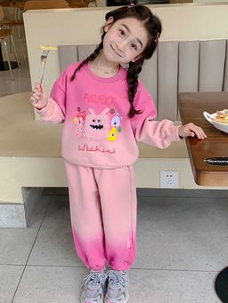 Hopscotch - Girls Pink Text Print Sweatshirt and Jogger Set with Applique