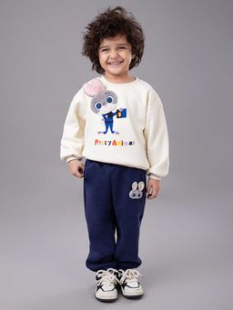 Hopscotch - Unisex Off-White and Navy Animal Applique Sweatshirt Jogger Set
