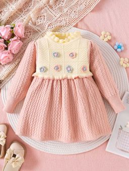 Hopscotch - Girls Pink and Beige Floral Applique Full-Sleeve Casual Dress