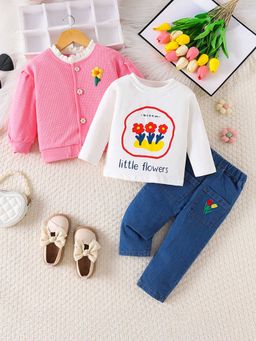 Hopscotch - Girls Multi Coloured Floral Print T-Shirt, Jacket and Jeans Set