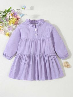 Hopscotch - Girls Purple Textured Ruffle Neck Full-Sleeve Casual Dress
