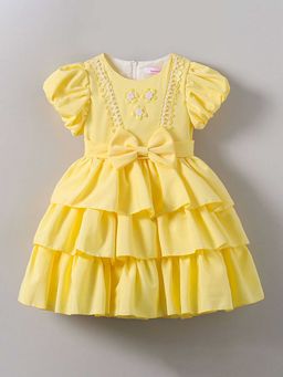 Hopscotch - Girls Yellow Puff Sleeve Floral Applique Tiered Party Dress