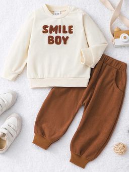 Hopscotch - Boys Cream and Brown Text Applique Sweatshirt Jogger Set
