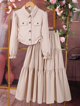 Hopscotch - Girls Beige Ruched Shirt Style Blouse and Skirt Set