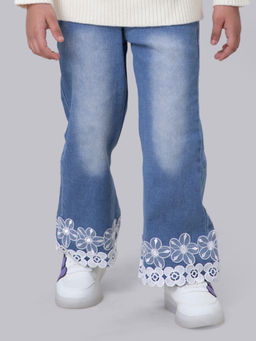 Hopscotch - Girls Blue Floral Lace Applique Jeans