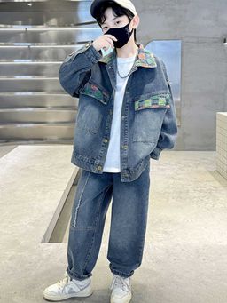 Hopscotch - Boys Blue Checkered Drop-Shoulder Sleeve Jacket and Jeans Set