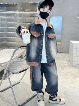 Hopscotch - Boys Grey Solid Raglan Sleeve Jacket and Jeans Set