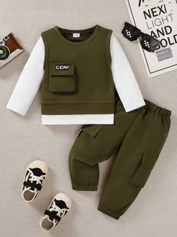 Hopscotch - Boys Olive and White Solid Sweatshirt Jogger Set