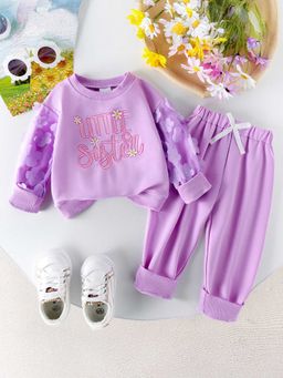 Hopscotch - Girls Purple Text Embroidered Sweatshirt and Jogger Set with Floral Applique